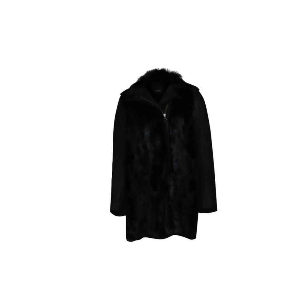 Maje Long Winter Coat in Black Fur